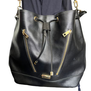 Gunas Bucket Vegan Leather Hand Bag Purse Shoulder Strap Zippers Black  Pockets